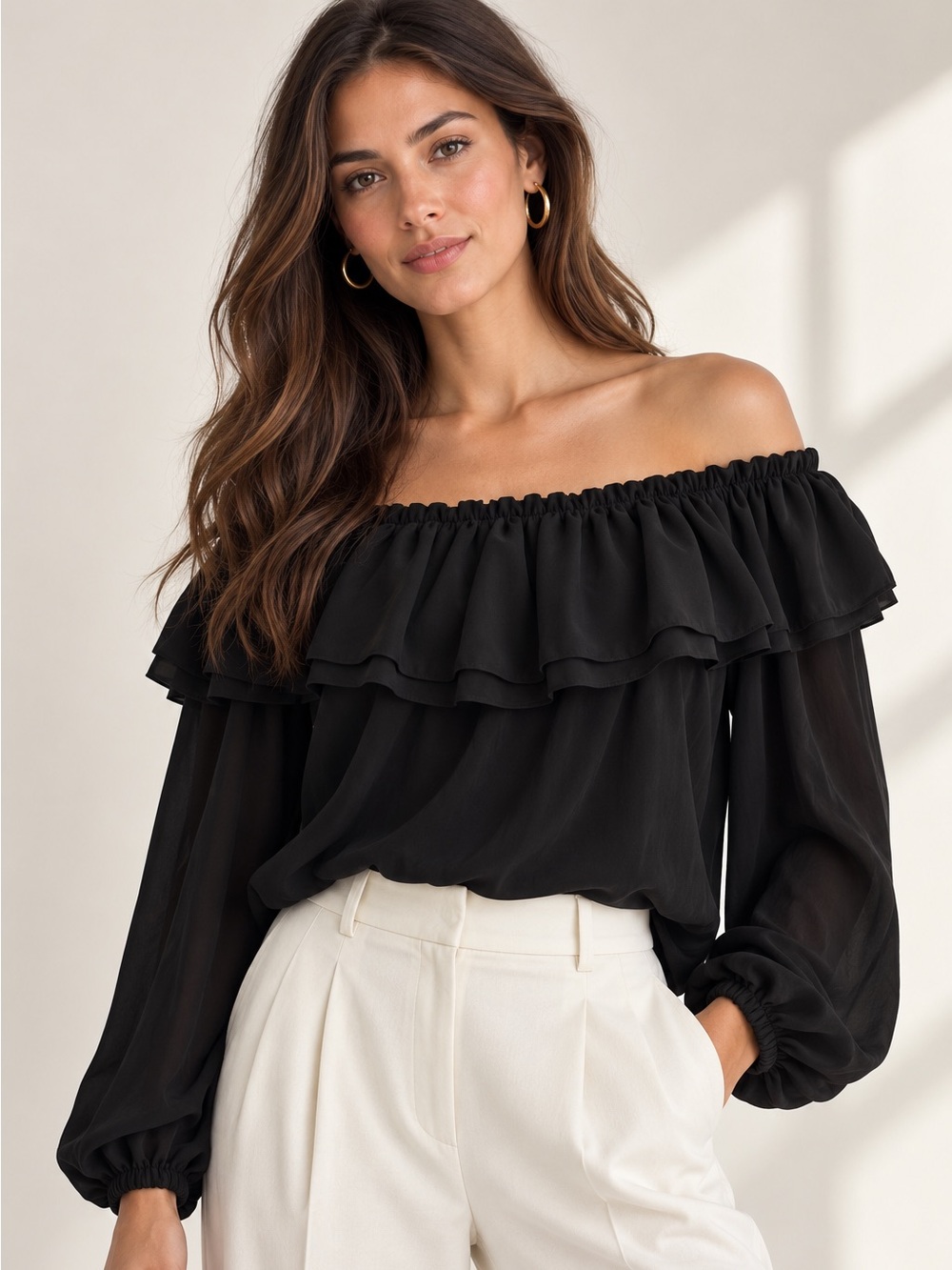 Michael Kors Collection Italy Black 100% Silk Ruffle Off Shoulder Blouse Sz M